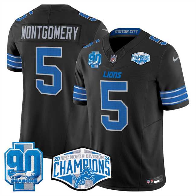 Men%27s Detroit Lions #5 David Montgomery Black 2024 NFC North Champions 90th Anniversary Patch F.U.S.E. Vapor Limited Stitched Jersey->detroit lions->NFL Jersey
